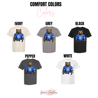 Comfort Colors color chart for St. Marys Bears blue jersey top in ivory, grey, black, pepper, and white
