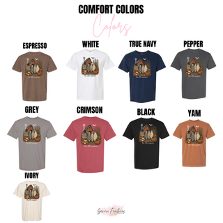 Comfort Colors tis the season ghost pumpkin patch color chart in espresso, white, true navy, pepper, grey, crimson, black, yam, and ivory