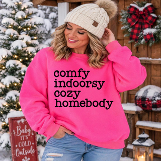 Comfy Indoorsy Cozy Homebody Top in Hot Pink crewneck, styled on model