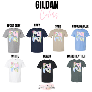 Gildan coquette para graphic tee in sport grey, navy, sand, carolina blue, white, black, and dark heather
