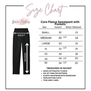 Core fleece sweatpant size chart showing inseam and waist measurements in inches for sizes small through 4X