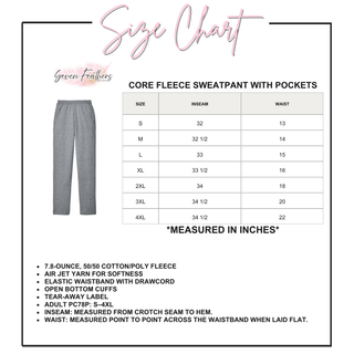Adult size chart for core fleece sweatpants with pockets, S through 4XL