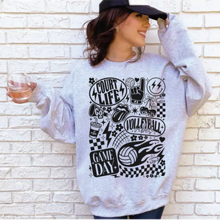 Court Life Volleyball Vibes Game Day Graphic Top in athletic heather crewneck worn by woman against brick wall
