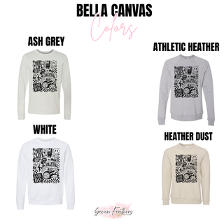 Court Life Volleyball Vibes Game Day Graphic Top Bella Canvas colors in ash grey, athletic heather, white, and heather dust crewneck
