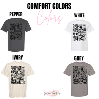Court Life Volleyball Vibes Game Day Graphic Top Comfort Colors unisex tee in pepper, white, ivory, and grey
