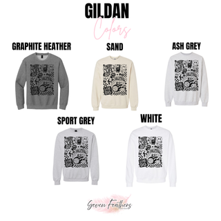 Court Life Volleyball Vibes Game Day Graphic Top Gildan colors in graphite heather, sand, ash grey, sport grey, and white crewneck
