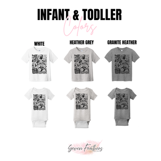 Court Life Volleyball Vibes Game Day Graphic Top infant and toddler colors in white, heather grey, and granite heather tees and onesies
