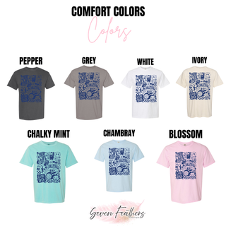 Comfort Colors tee Court Life Volleyball Vibes Game Day navy in pepper, grey, white, ivory, chalky mint, chambray, blossom
