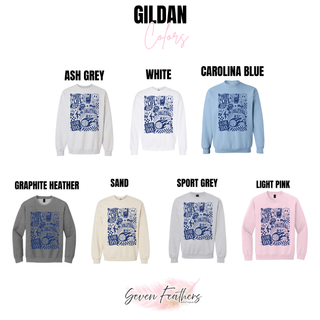 Gildan crewneck Court Life Volleyball Vibes Game Day navy in ash grey, white, carolina blue, graphite heather, sand, sport grey, light pink
