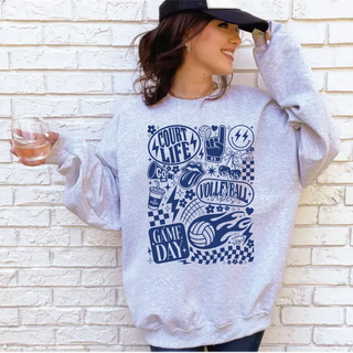 Model wearing ash grey crewneck with COURT LIFE VOLLEYBALL VIBES GAME DAY navy retro collage graphic front view
