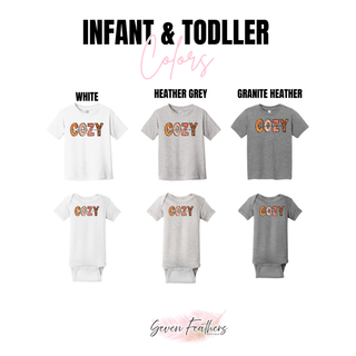COZY faux glitter design shown on Infant and Toddler garments in White, Heather Grey, and Granite Heather