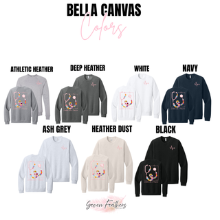 Created with a Purpose Bella Canvas crewneck color swatches in athletic heather, deep heather, white, navy, ash grey, heather dust, and black showing front and back