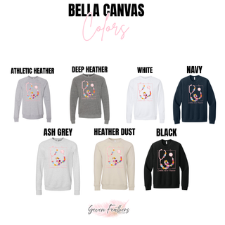 Created with a Purpose Bella Canvas crewneck color swatches in athletic heather, deep heather, white, navy, ash grey, heather dust, and black