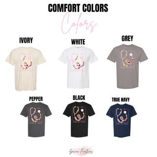 Created with a Purpose Comfort Colors tee color swatches in ivory, white, grey, pepper, black, and true navy