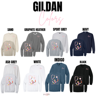 Created with a Purpose Gildan crewneck color swatches in sand, graphite heather, sport grey, navy, ash grey, white, indigo, and black
