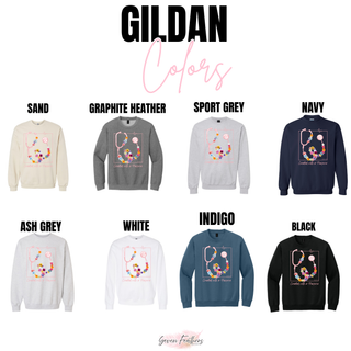 Created with a Purpose Gildan crewneck color swatches in sand, graphite heather, sport grey, navy, ash grey, white, indigo, and black