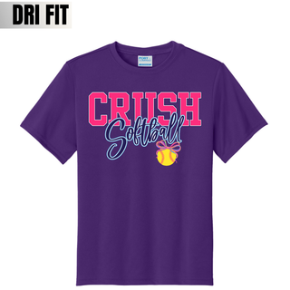 Crush softball bow dri fit performance top in purple with pink and blue graphic and softball bow detail