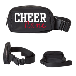 Custom Cheer Name Belt Bag black flat lay showing front, side, and open interior with mesh pockets