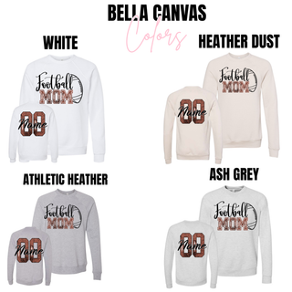 Bella Canvas Football Mom shirt in White, Heather Dust, Athletic Heather, and Ash Grey with personalized front and back design