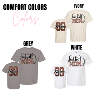 Comfort Colors Football Mom shirt in Ivory, Grey, and White with personalized front and back design