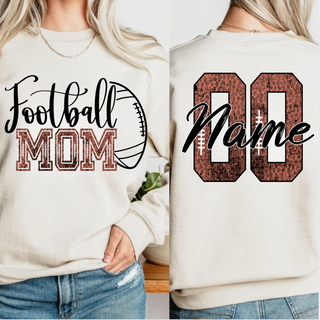 Football Mom shirt front and back design detail with personalized jersey number and name
