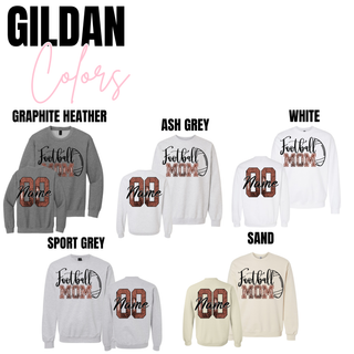 Gildan Football Mom shirt in Graphite Heather, Ash Grey, White, Sport Grey, and Sand with personalized front and back design