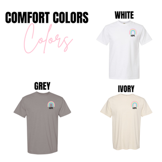 Comfort Colors tee swatch showing white, grey, and ivory with pastel rainbow name design