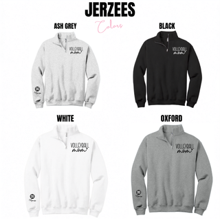 Custom Volleyball Mom Name and Number Quarter-Zip Jerzees color options in ash grey, black, white, and oxford