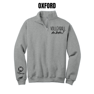Oxford grey quarter-zip with VOLLEYBALL mom lettering on the chest and a volleyball graphic with custom number and name on the sleeve