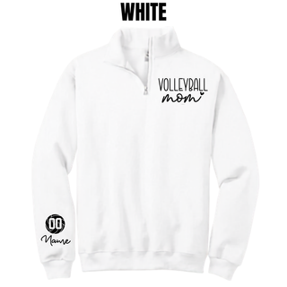 White quarter-zip with VOLLEYBALL mom lettering on the chest and a volleyball graphic with custom number and name on the sleeve