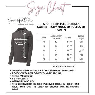 Size chart for Sport-Tek Posicharge Competitor hooded pullover youth with product details.