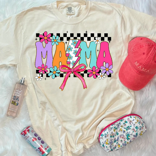 Daily Deal Checkered Pop of Color Mama Comfort Colors tee in ivory with colorful retro mama lightning bolt graphic

