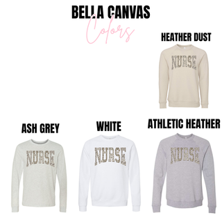 Bella Canvas Daisy Leopard NURSE top in heather dust, ash grey, white, and athletic heather
