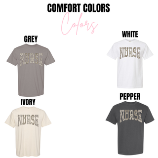 Comfort Colors Daisy Leopard NURSE graphic top in grey, white, ivory, and pepper
