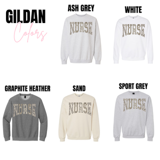 Gildan Daisy Leopard NURSE crewneck in ash grey, white, graphite heather, sand, and sport grey

