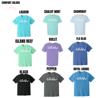 Comfort Colors Daisy Teacher tee in lagoon, island reef, violet, flo blue, black, pepper, and royal caribe
