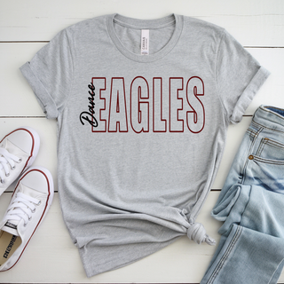 Bella Canvas athletic heather short sleeve top laid flat with maroon outlined Eagles block letters and black Dance script graphic styled with jeans and white sneakers