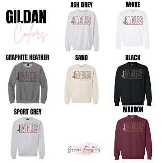 Gildan crewneck sweatshirt color chart showing Dance Eagles graphic top in ash grey, white, graphite heather, sand, black, sport grey, and maroon