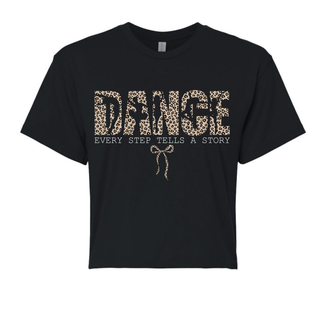 Black women's ideal crop top flat lay with leopard print dance every step tells a story graphic and bow