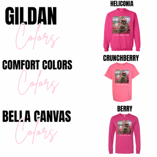 Color chart showing Dance Mom raccoon i live here now design on Gildan Heliconia crewneck, Comfort Colors Crunchberry tee, and Bella Canvas Berry long sleeve