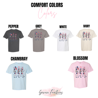 Comfort Colors tee color options for the Dancing Patriotic Skeletons Top including pepper, grey, white, ivory, chambray, and blossom
