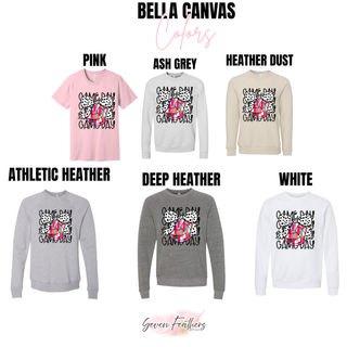 Bella Canvas color options for game day volleyball bow graphic in pink, ash grey, and white
