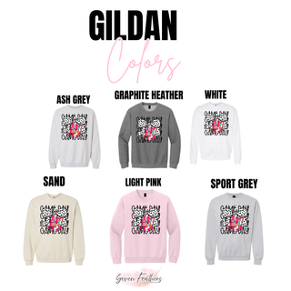 Gildan crewneck color options for game day volleyball bow graphic in sand, pink, and sport grey
