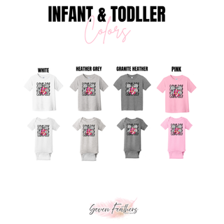 Infant and toddler tee and onesie color options for game day volleyball bow graphic in pink and grey
