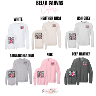 Bella Canvas crewneck color options for game day volleyball bow pocket graphic in pink, ash grey, and white
