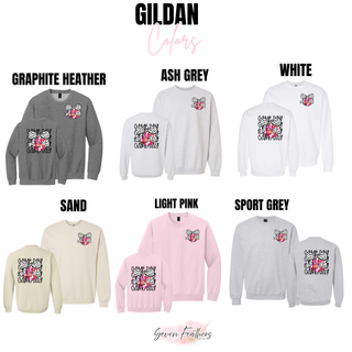 Gildan crewneck color options for game day volleyball bow pocket graphic in sand, pink, and sport grey
