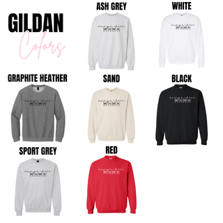 Dawgs Cheer Bow Shirt Gildan crewneck in ash grey, white, graphite heather, sand, black, sport grey, red