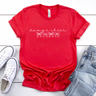 Red tee with white script dawgs cheer and bow row, adult unisex