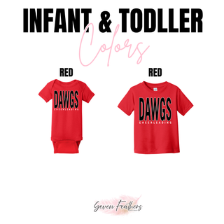 Dawgs Cheer Powerhouse infant tee and onesie in red with Dawgs Cheerleading bold block design
