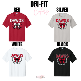 dri fit performance color options for dawgs cheerleading bow circle design: red, silver, white, and black
